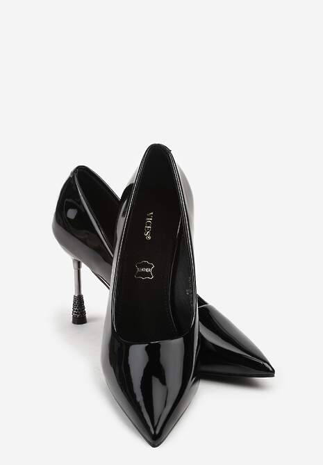 Czarne Szpilki Lakierowane Vices ze Skórzaną Wkładką Ozdobione Cyrkoniami Cindrie