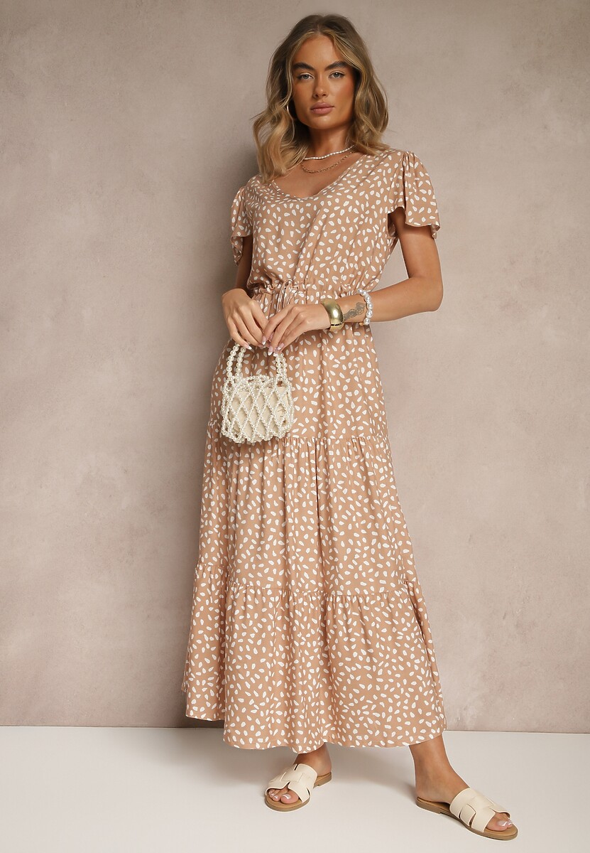 Beżowa Rozkloszowana Sukienka z Bawełną i Geometrycznym Motywem Mevelaia