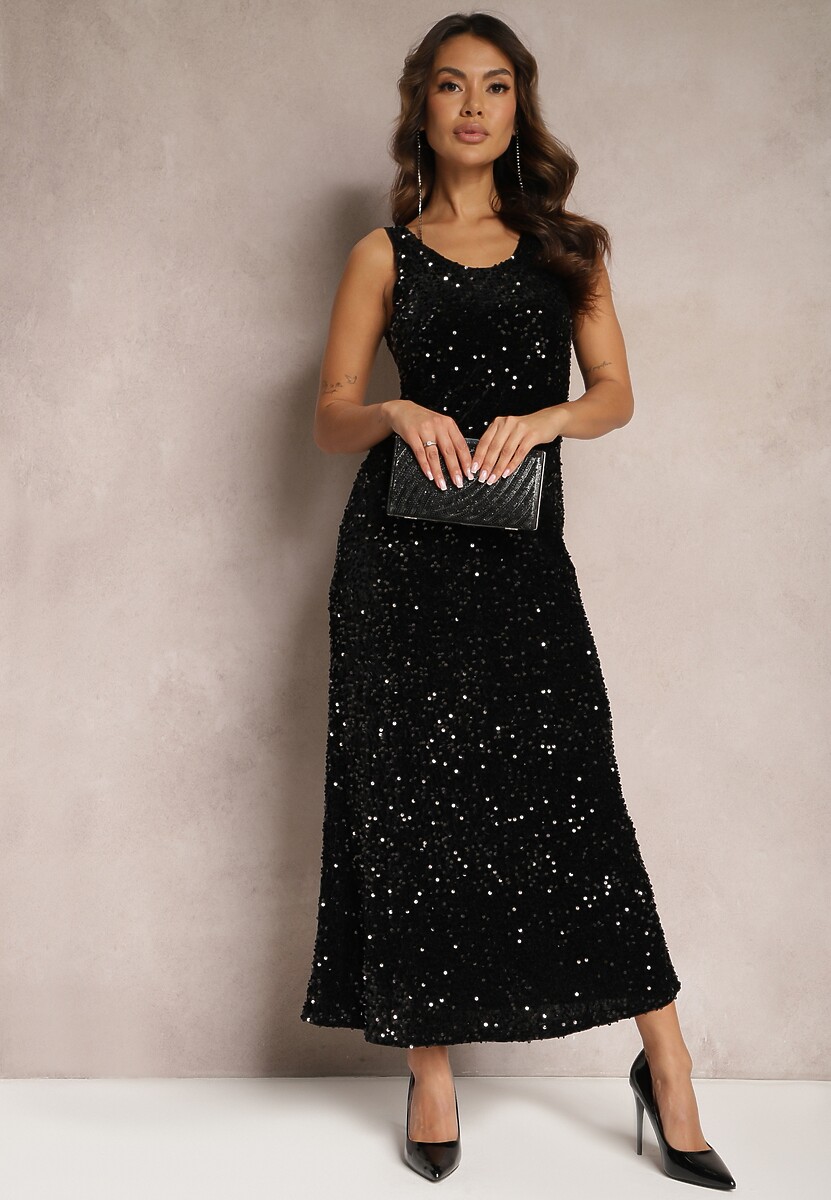 Brązowa Sukienka Maxi na Ramiączkach w Cekiny Misona