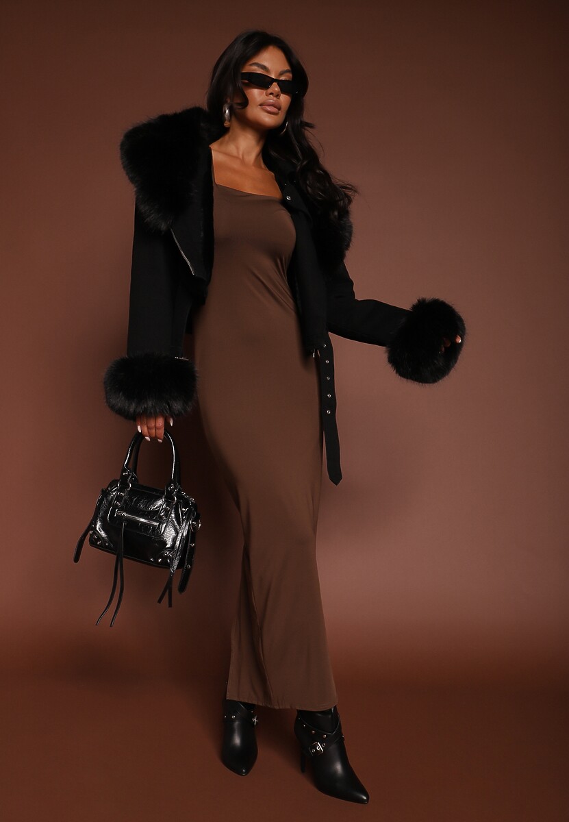 Ciemnobrązowa Dopasowana Sukienka Maxi z Kwadratowym Dekoltem Fioral