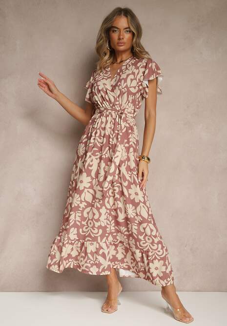 Ciemnobeżowa Rozkloszowana Sukienka w Kwiatowy Wzór z Paskiem Niloreia