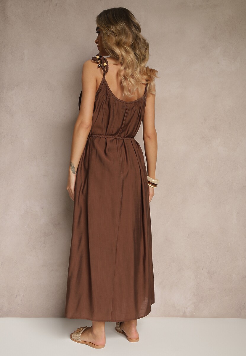 Brązowa Wiskozowa Sukienka Boho na Wiązanych Ramiączkach z Paskiem z Plecionki Miratera