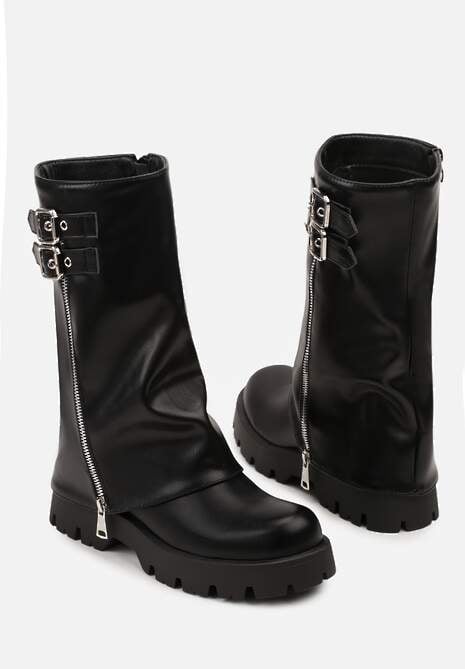 Czarne Botki Biker na Platformie z Wywiniętą Cholewką z Suwakiem i Klamerkami Selade