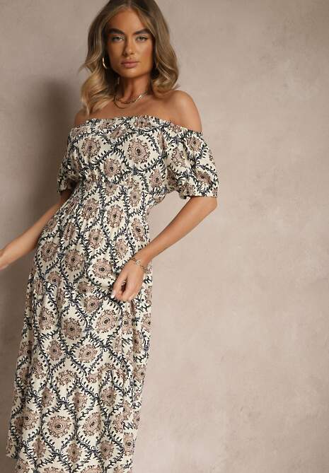 Beżowo-Niebieska Sukienka z Bawełną Ozdobiona Bufiastymi Rękawami Revalle