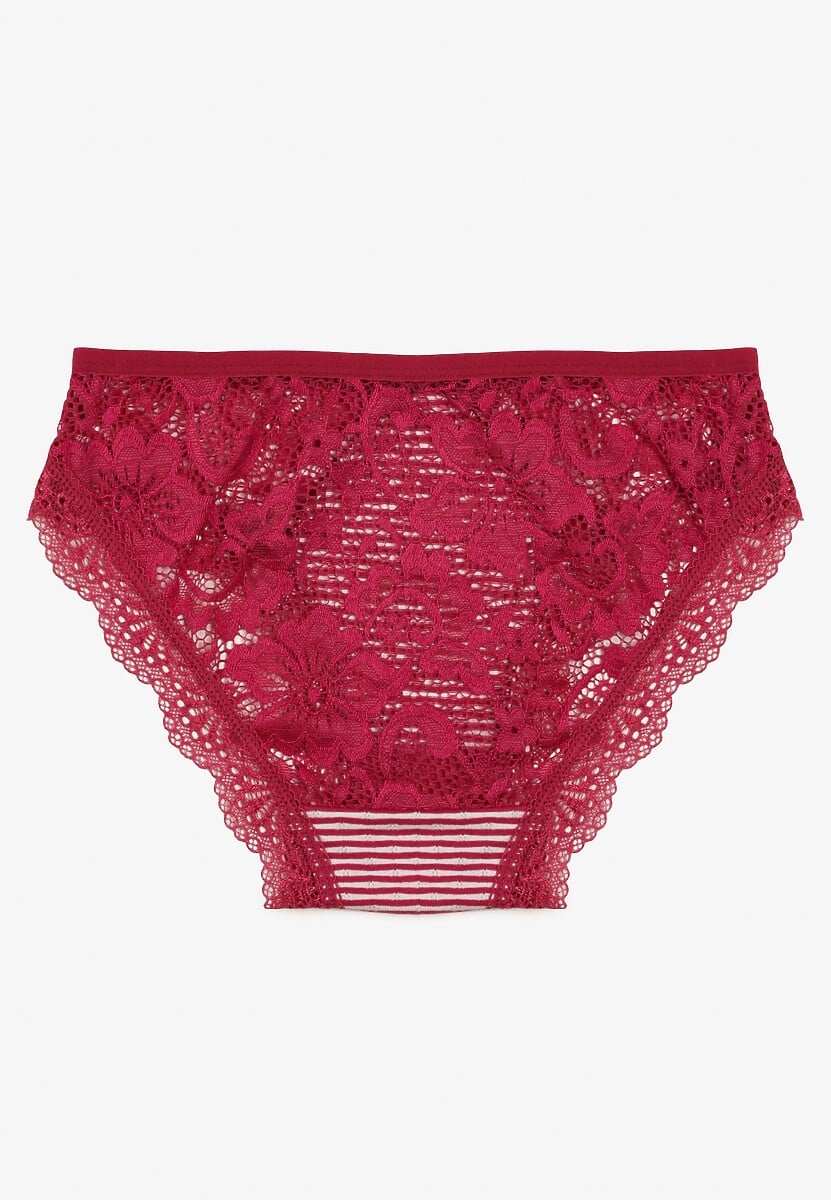 Czerwone  Majtki Figi Ozdobione Wzorem w Paseczki i Koronką Olibia