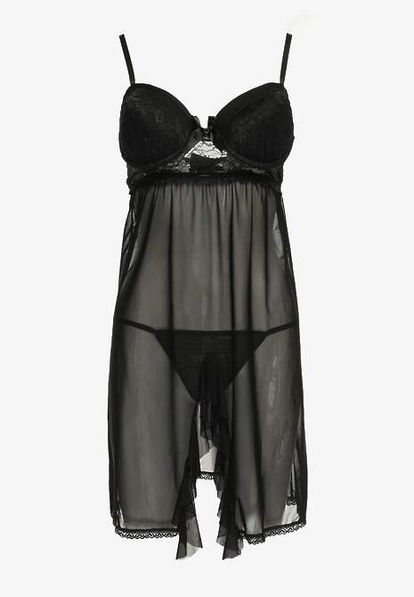 Czarna Prześwitująca Koszula Nocna z Koronką i Stringami Remielia