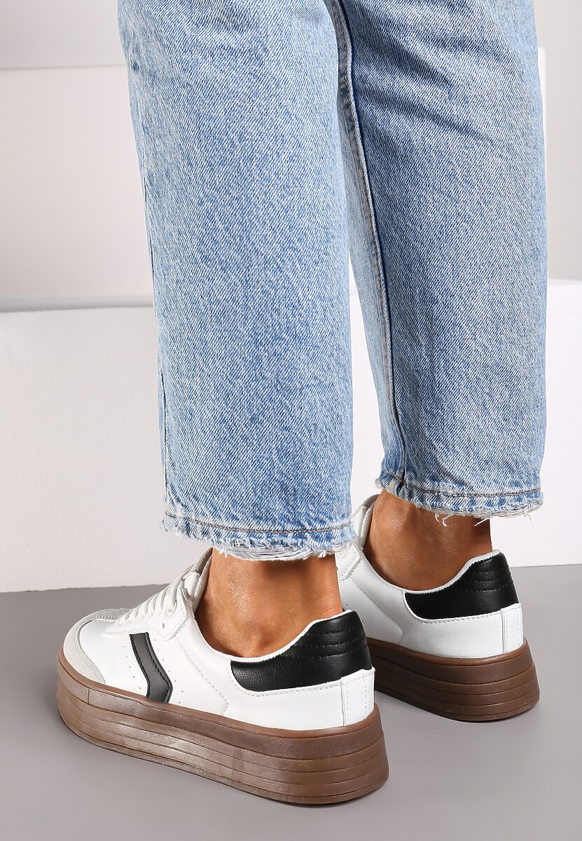 Białe Sneakersy na Niskiej Platformie z Ekozamszowymi Wstawkami Irisca