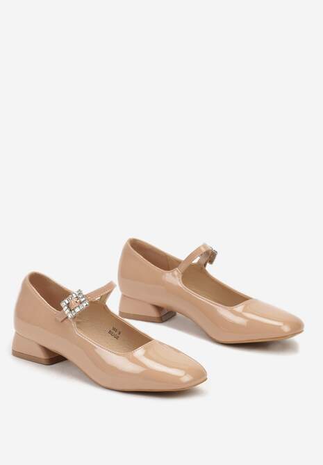 Beżowe Czółenka na Niskim Obcasie z Lakierowanym Wykończeniem Zdobione Cyrkoniową Klamrą Lobirae