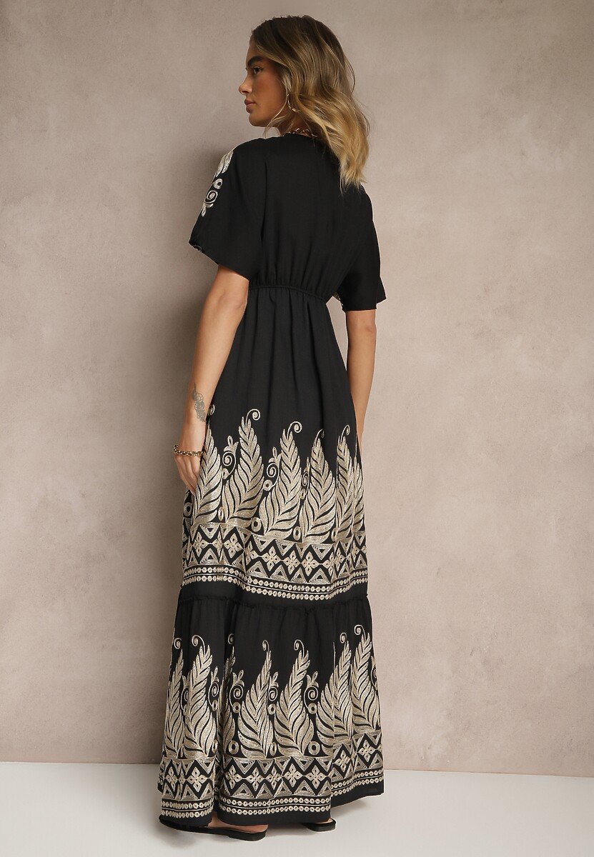 Czarna Wiskozowa Sukienka Kopertowym Dekoltem i Frędzlami Redevie