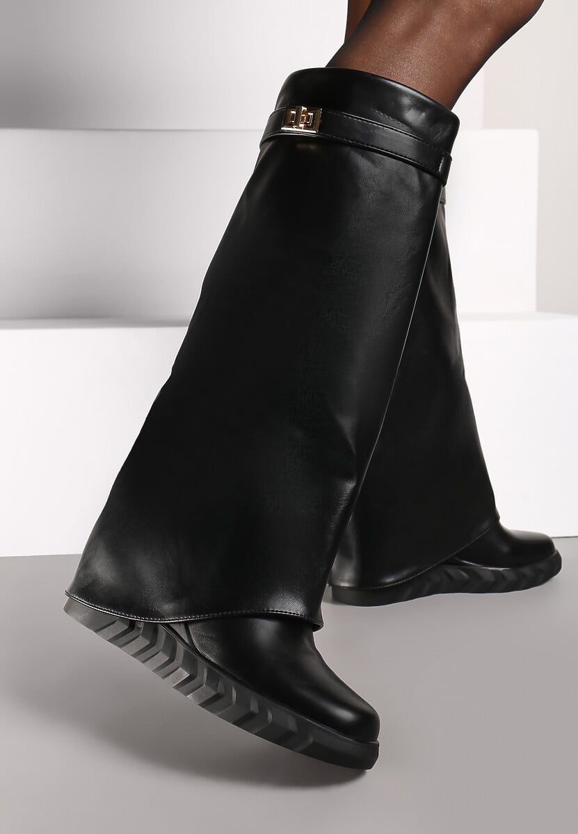 Czarne Kozaki z Klamerką i Wywiniętą Cholewką Elliandra