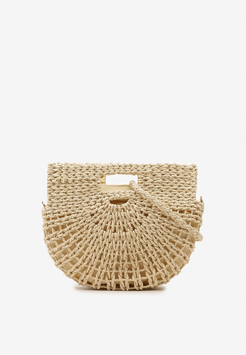 Jasnobeżowa Jednokomorowa Pleciona Torebka o Półokrągłym Kształcie z Rączkami i Paskiem Iknunia
