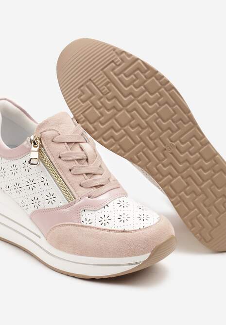 Różowe Sneakersy z Ażurową Perforacją Suwakiem i Ukrytym Koturnem Pelaria