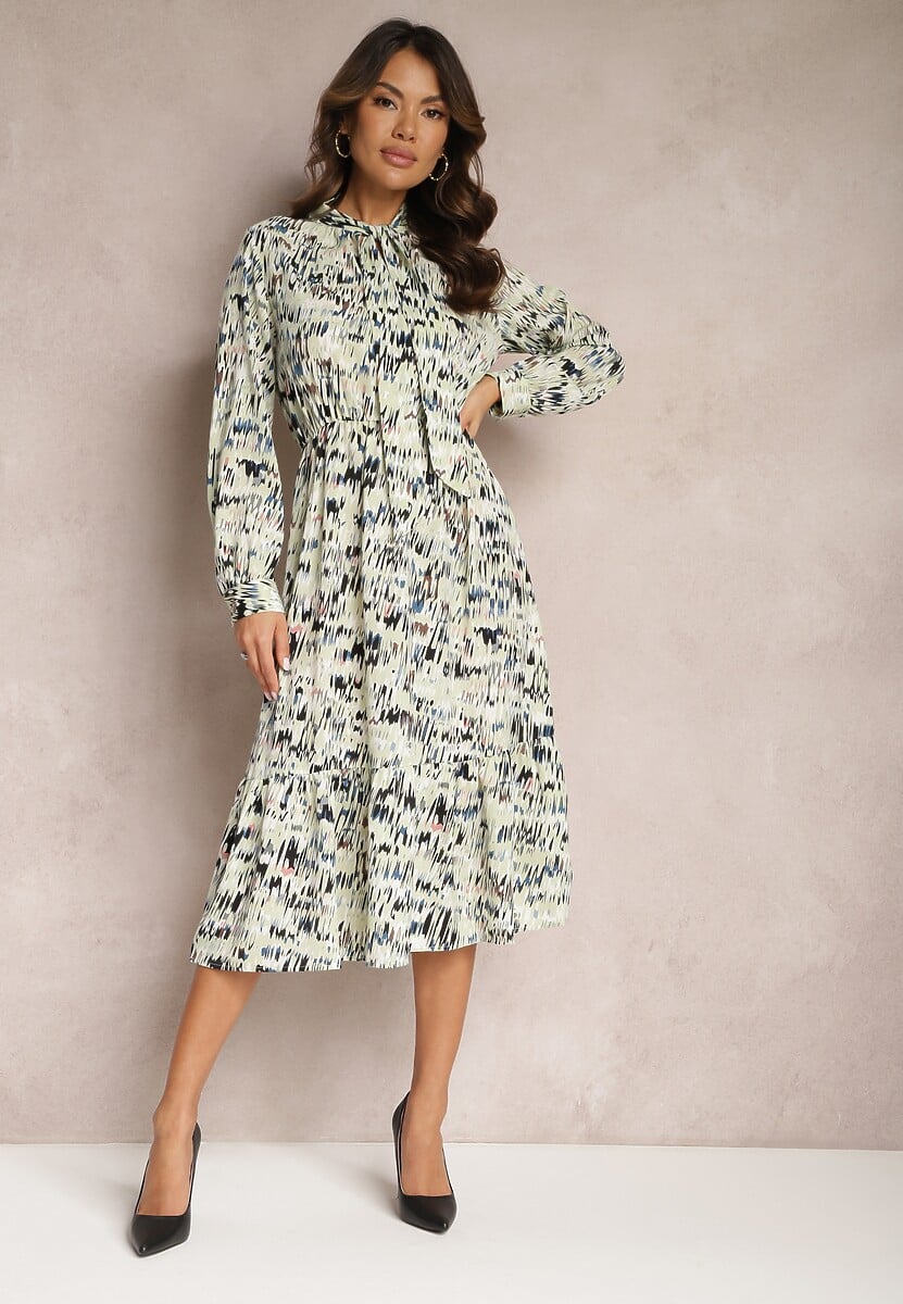 Zielona Rozkloszowana Sukienka Midi z Falbanką i Gumką w Talii Viglira