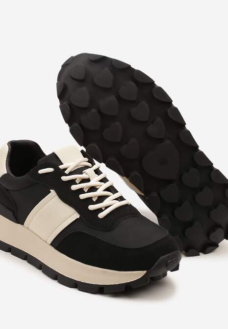 Czarno-Beżowe Sneakersy na Platformie z Tłoczeniem Tillivalle