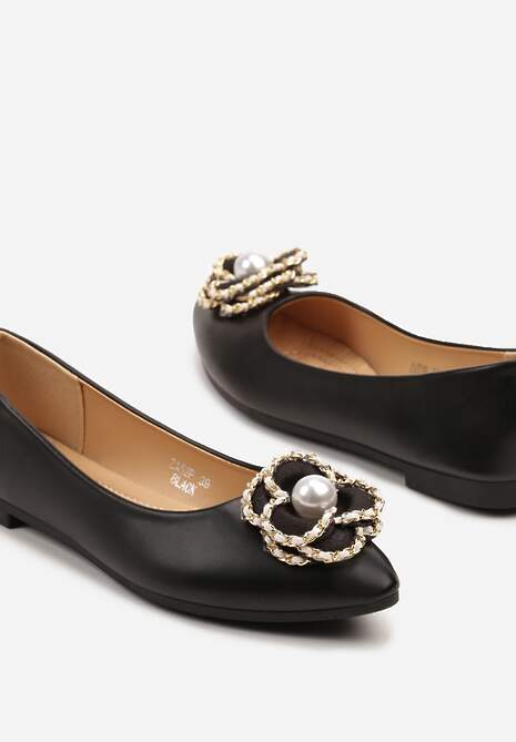 Czarne Balerinki ze Szpiczastym Noskiem Zdobione Kwiatową Aplikacją z Perłą Nairineva