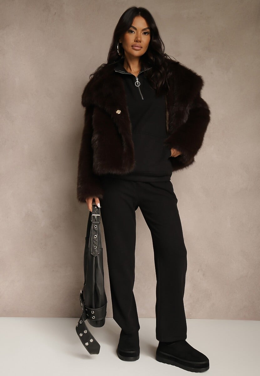 Czarny Komplet Dresowy z Polaru Bluza z Krótkim Suwakiem i Spodnie Joggery Hypamena