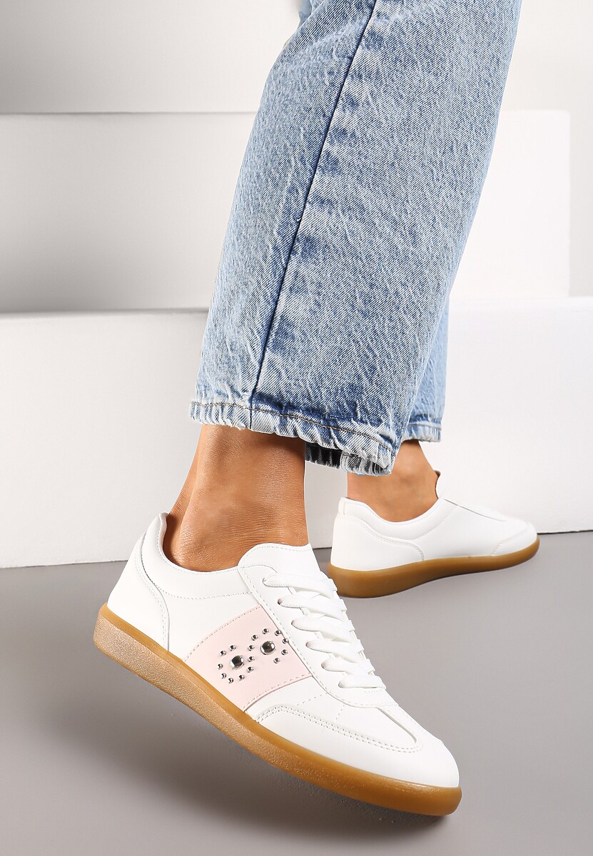 Biało-Różowe Sneakersy na Płaskiej Podeszwie z Wiązaniem i Ozdobną Wstawką Drukesti