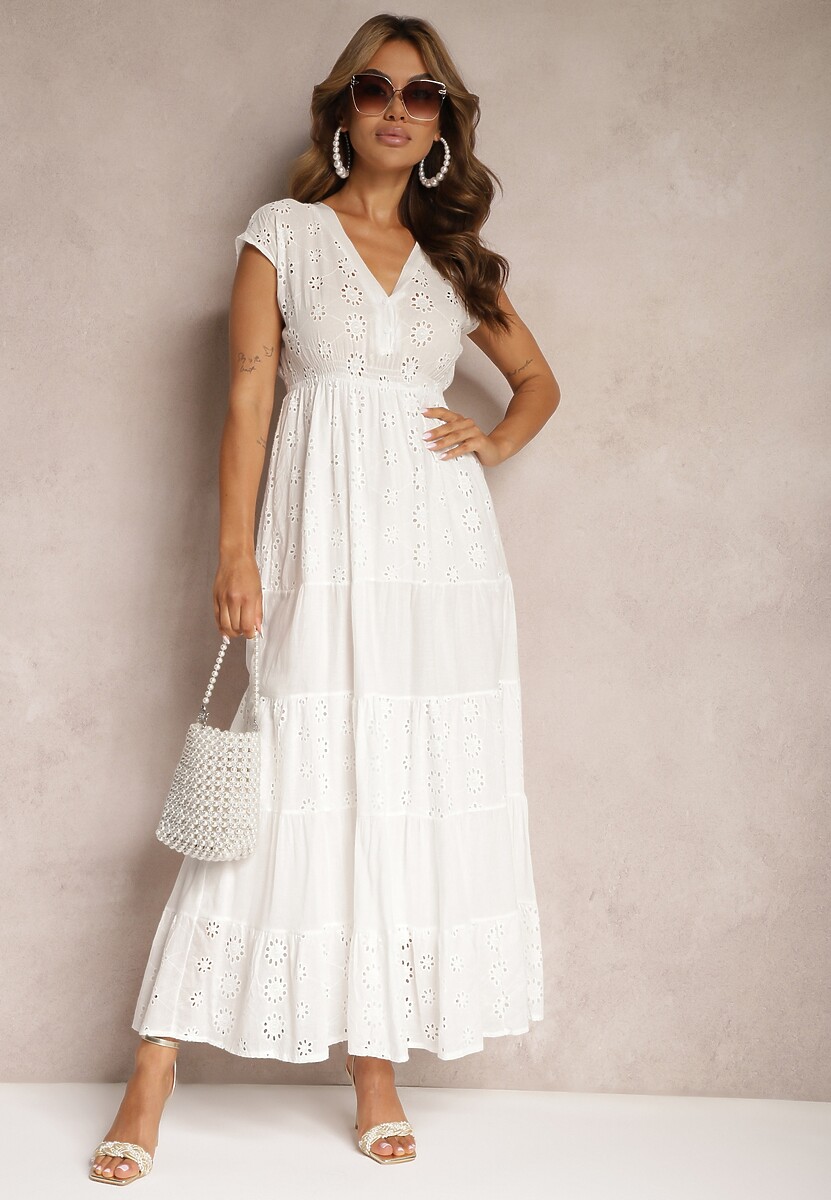 Biała Ażurowa Sukienka z Bawełny Wykończona Gumką w Talii i Guzikami przy Dekolcie Wenevia