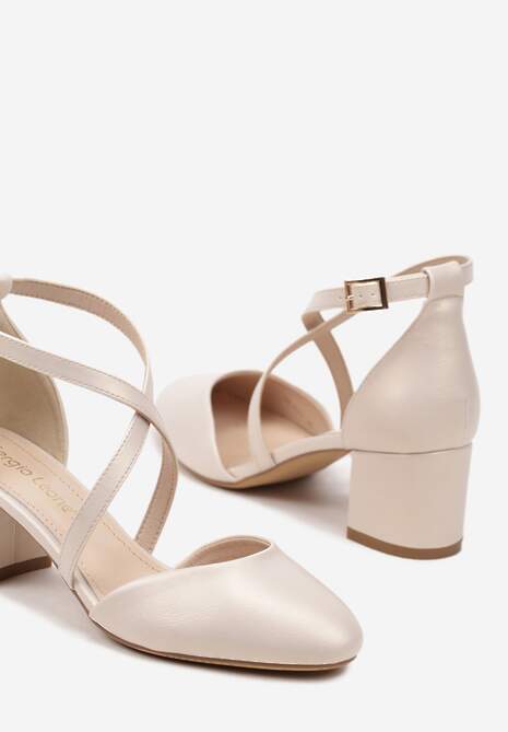 Beżowe Czółenka na Słupkowym Obcasie z Wkładką ze Skóry Naturalnej Dortia