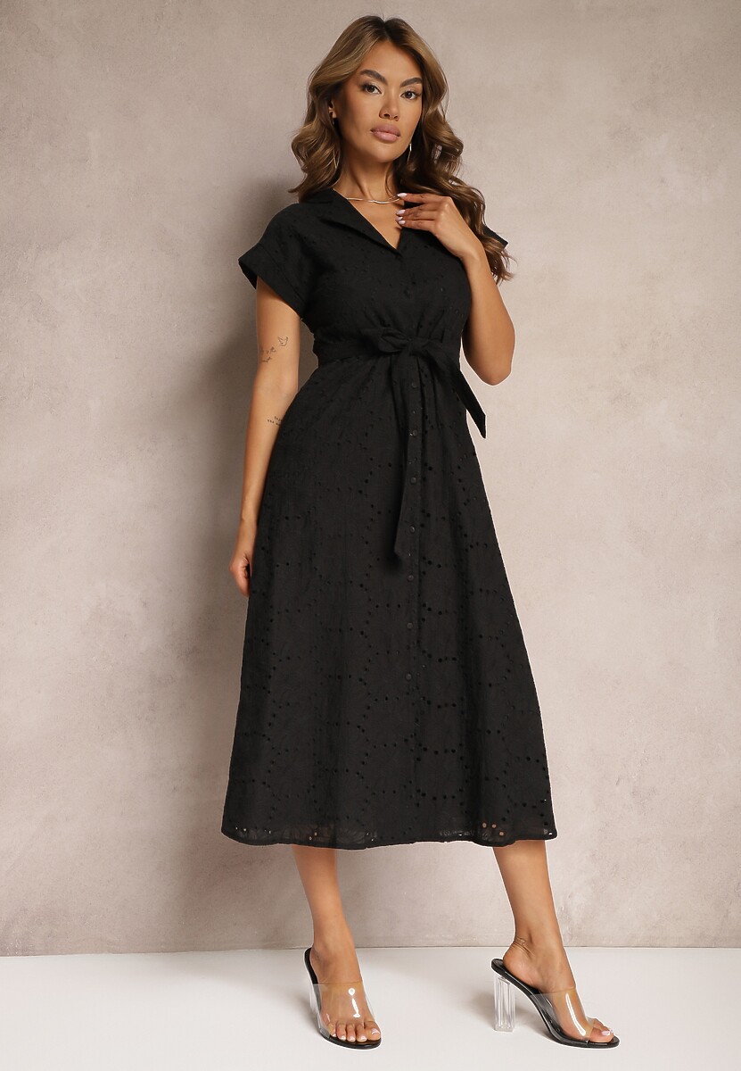 Biała Rozkloszowana Koszulowa Sukienka z Bawełny z Ażurowym Zdobieniem i Paskiem Ilosofia