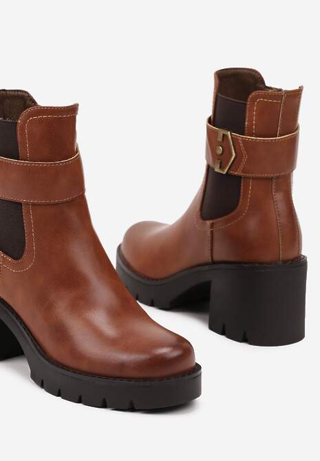 Brązowe Botki Sztyblety na Słupku z Klamrą i Paskiem Komina
