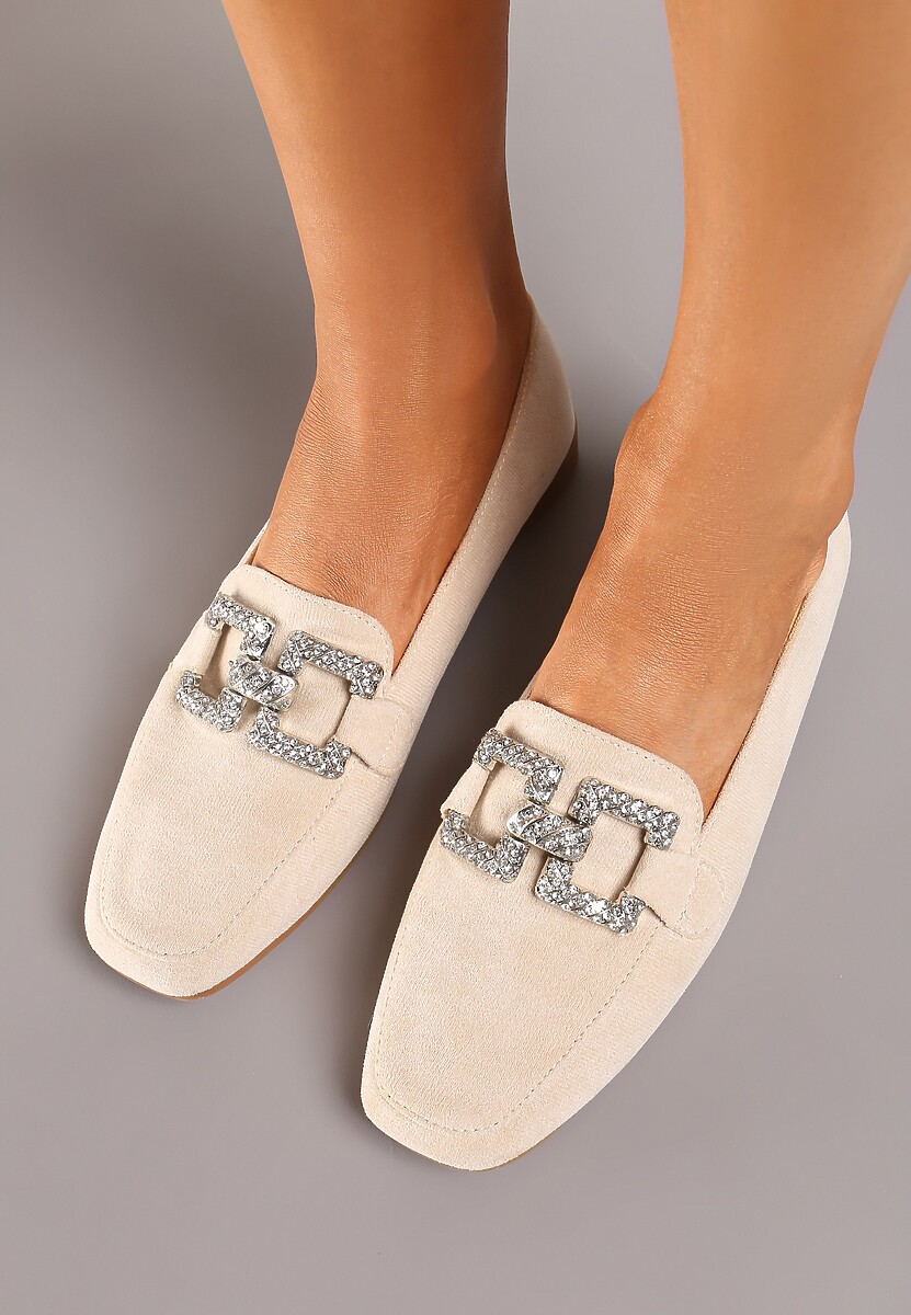 Beżowe Mokasyny z Klamerką w Cyrkonie Bile