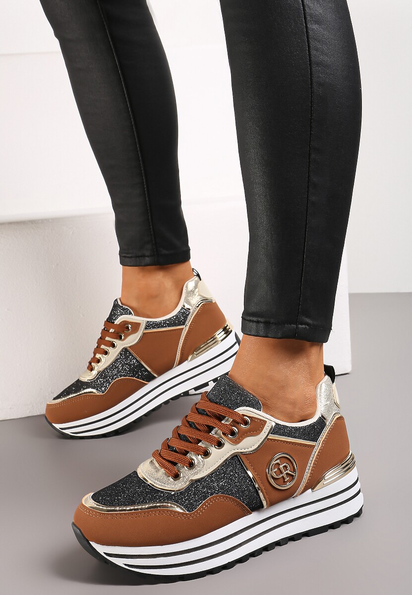 Brązowe Sneakersy na Platformie z Brokatem na Cholewce Hlemma
