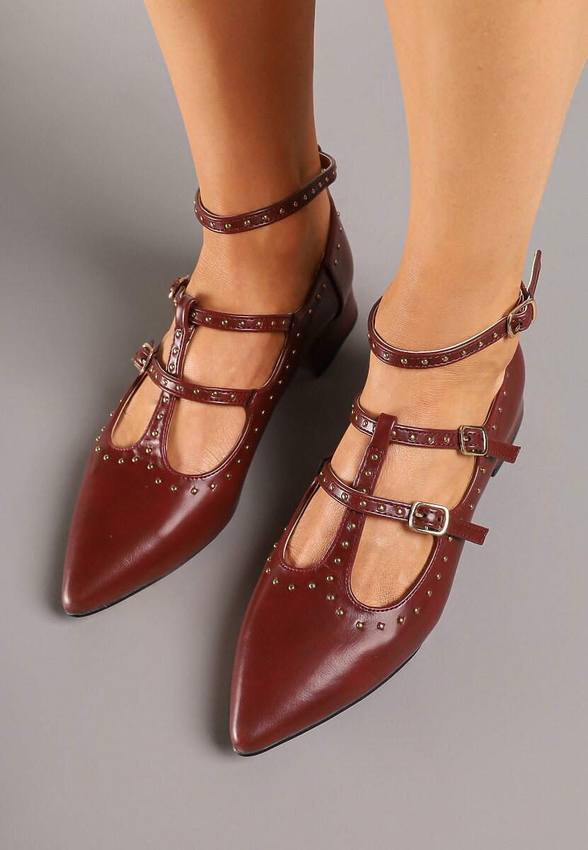 Bordowe Czółenka z Paskami na Sprzączki i Nitami Nevisalae