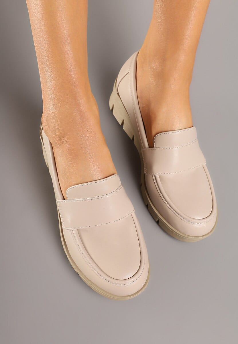 Beżowe Półbuty Mokasyny na Koturnie z Wkładką ze Skóry Naturalnej Ozdobione Paskiem Zorvia