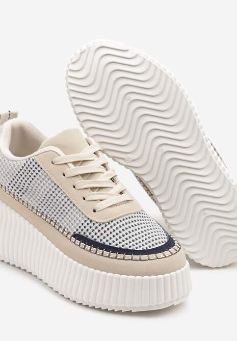 Niebiesko-Beżowe Sneakersy na Tłoczonej Platformie z Ozdobnymi Przeszyciami Faloviela