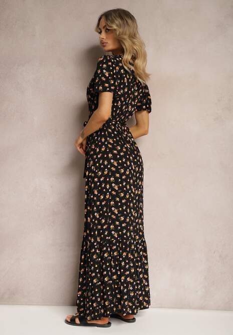 Czarno-Różowa Sukienka z Wiskozy z Dekoltem w Serek z Gumką w Pasie i Materiałowym Paskiem Ganeslla