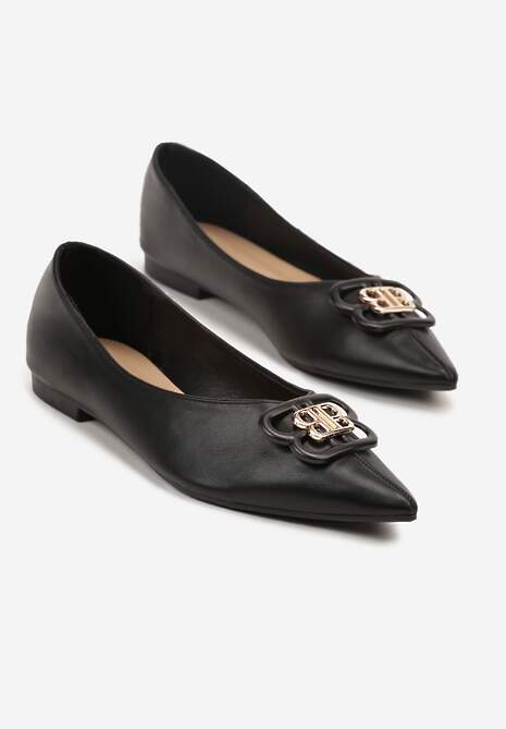 Czarne Balerinki ze Szpiczastym Noskiem Zdobione Aplikacją Nalamira