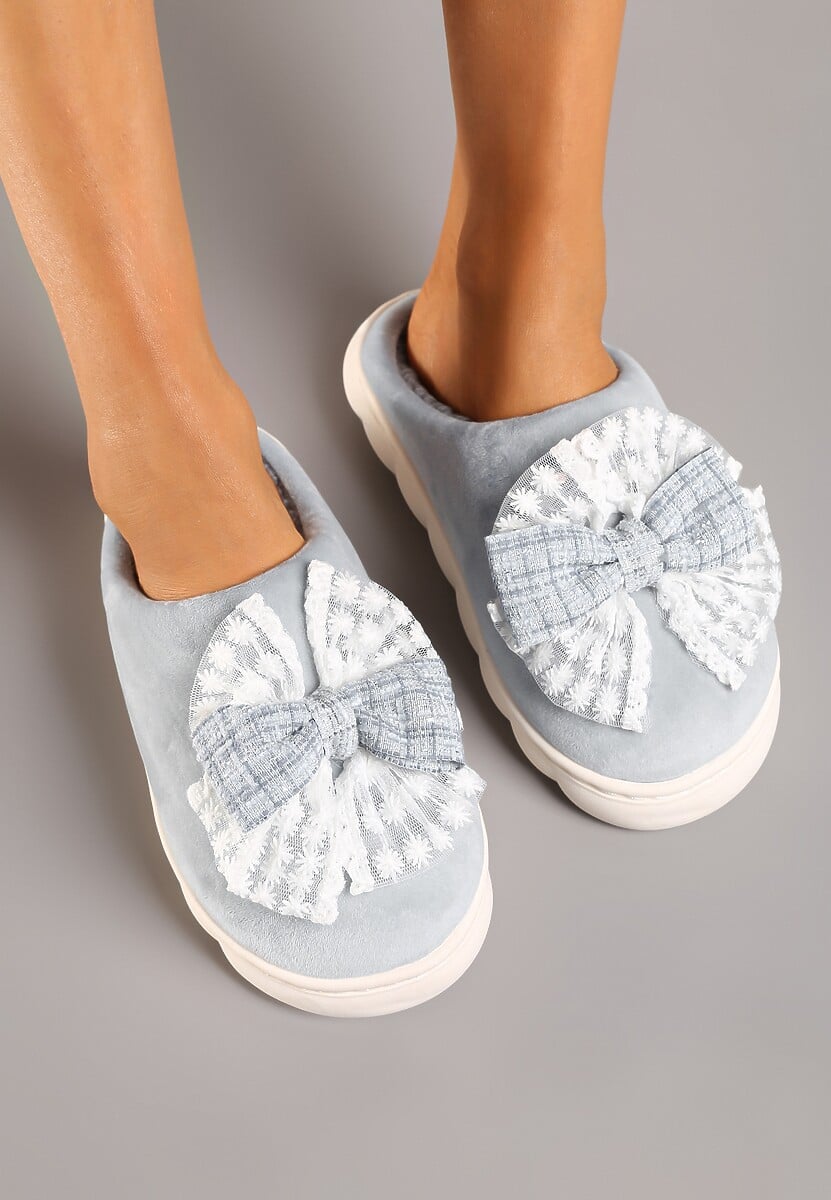 Szare Kapcie Vices na Grubej Podeszwie z Ozdobną Kokardą Tinnella