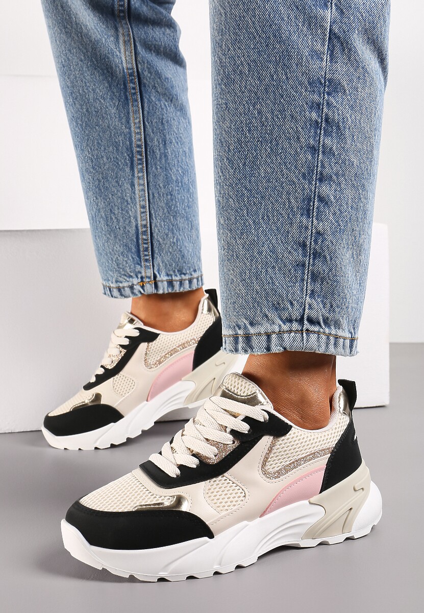 Beżowo-Czarne Sneakersy z Metalicznymi i Siateczkowymi Wstawkami Efalia