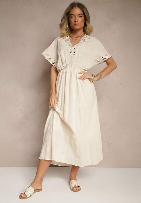 Beżowa Bawełniana Sukienka w Stylu Boho z Kieszonkami Orrane