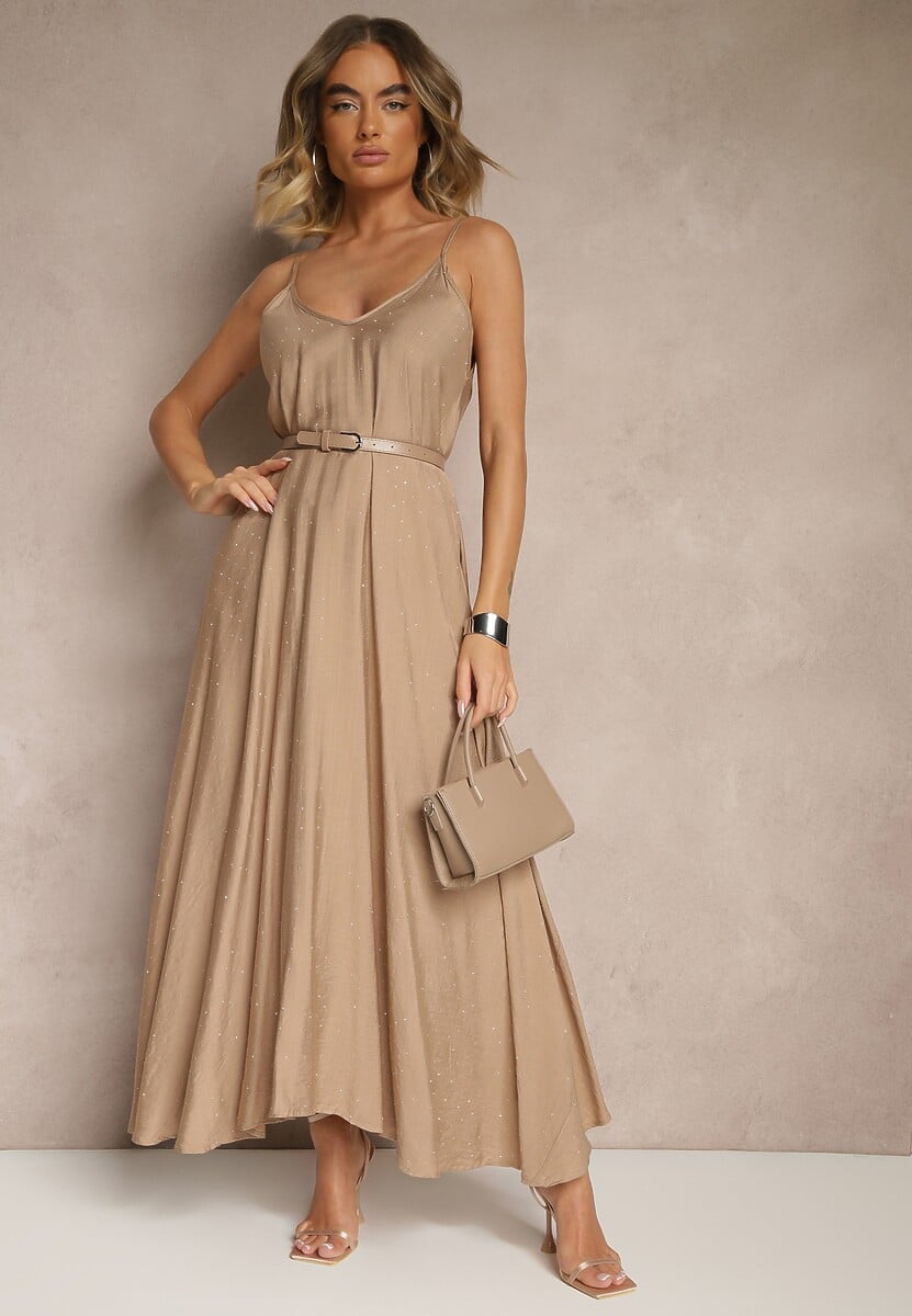 Ciemnobeżowa Wiskozowa Sukienka o Rozkloszowanym Kroju Ozdobiona Cyrkoniami Tosnaria