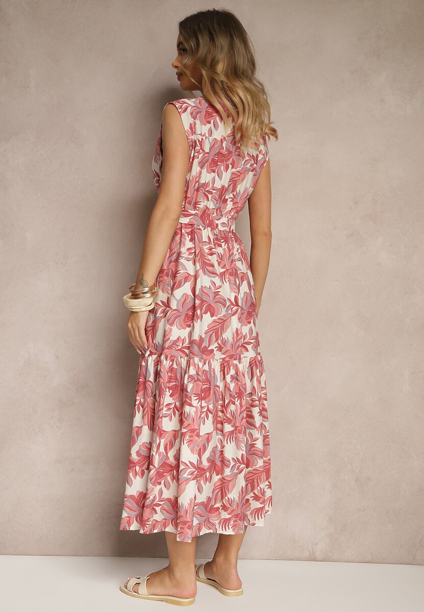 Różowa Wiskozowa Sukienka o Rozkloszowanym Kroju Bez Rękawów z Wiązaniem Revalisse