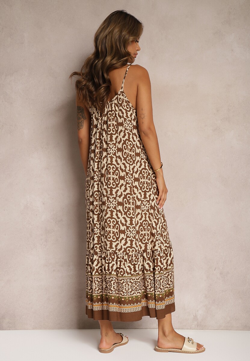 Brązowa Rozkloszowana Sukienka z Bawełny na Cienkich Ramiączkach Nellmaira