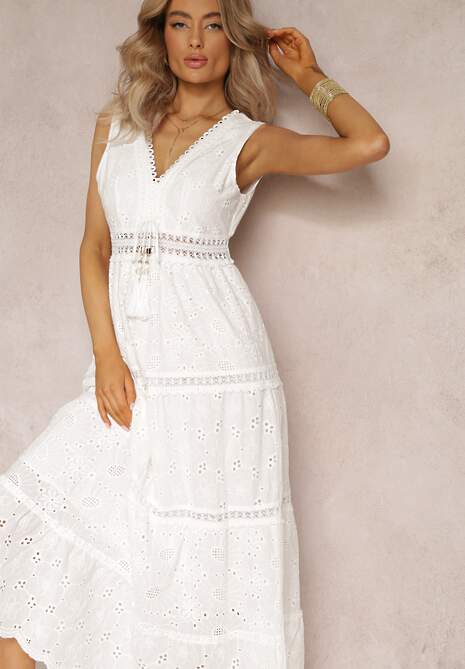 Biała Bawełniana Sukienka Maxi z Haftowanej Tkaniny Jive