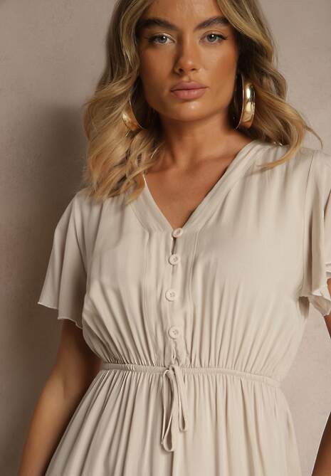 Beżowa Rozkloszowana Sukienka z Bawełny Zdobiona Guzikami Folennea