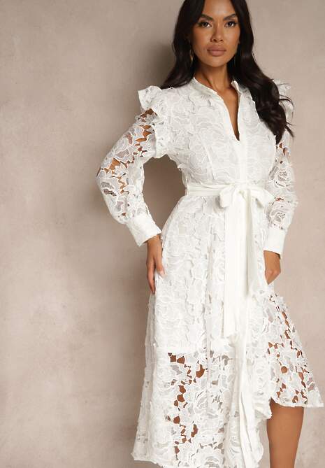 Biała Rozkloszowana Sukienka o Koszulowym Fasonie z Falbanką i Koronką Caramia