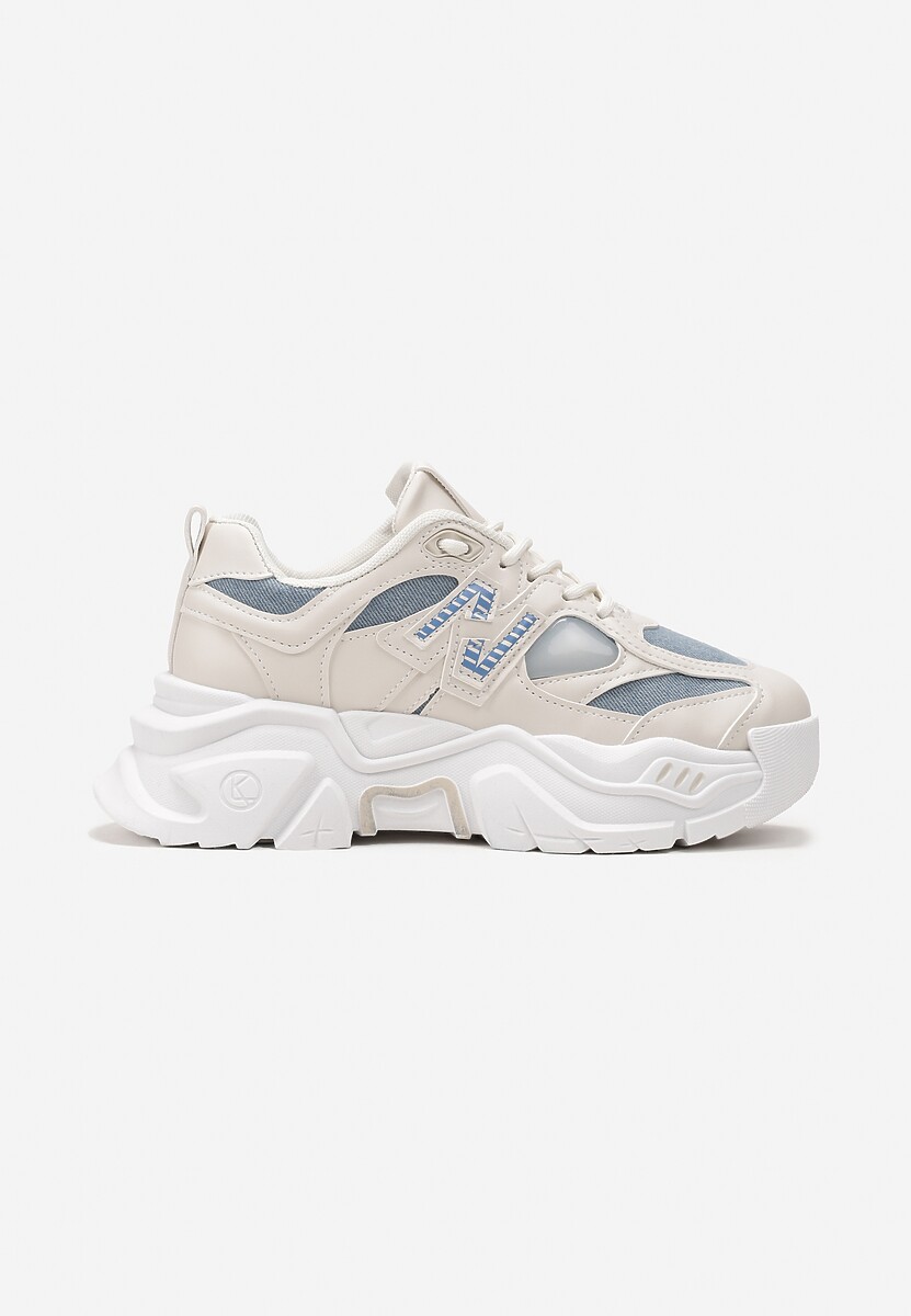 Beżowo-Niebieskie Sneakersy na Platformie Ozdobione Naszywką Nivaler