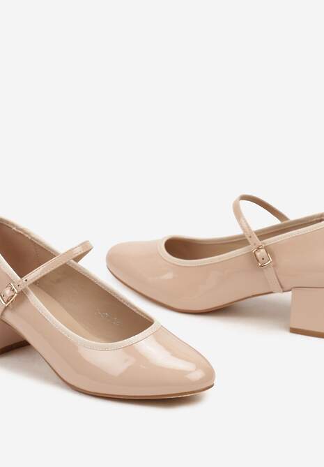 Beżowe Półbuty Lakierowane na Słupku Mary Jane Zapinane na Sprzączkę Timaree
