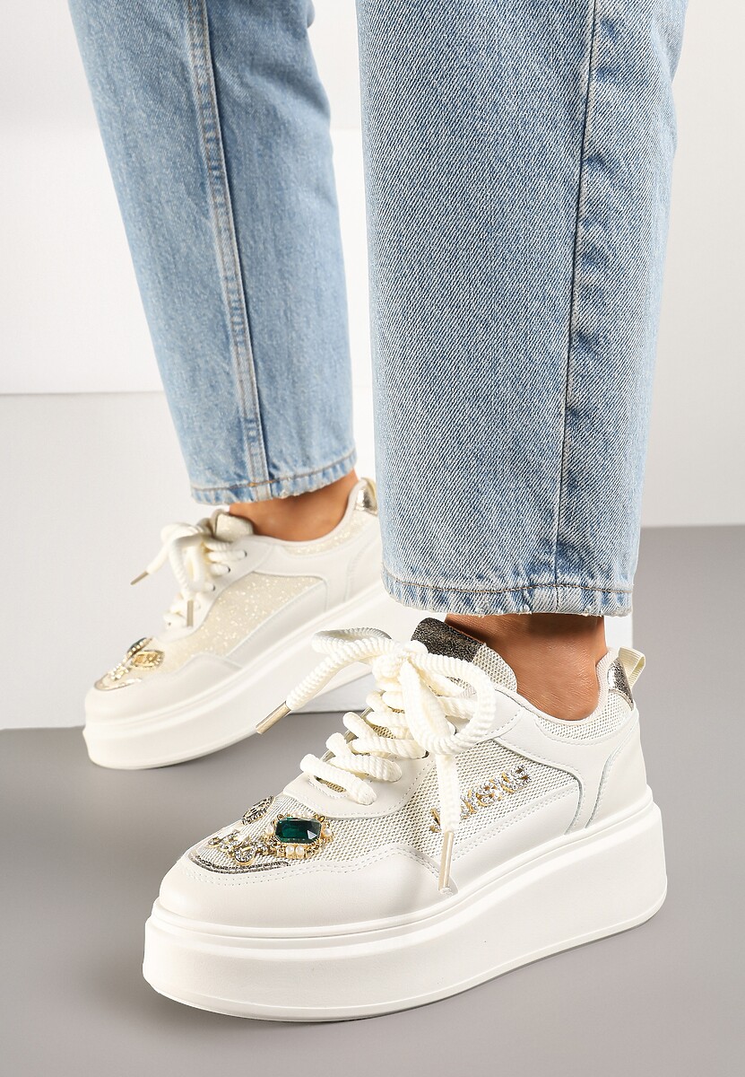 Beżowe Sneakersy na Grubej Podeszwie z Cyrkoniami i Brokatem Falissa