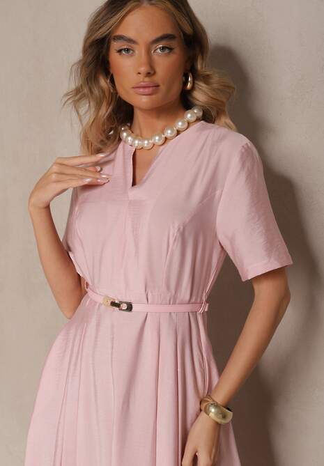 Różowa Rozkloszowana Sukienka z Lnu i Wiskozy z Paskiem ze Sprzączką Linoretia