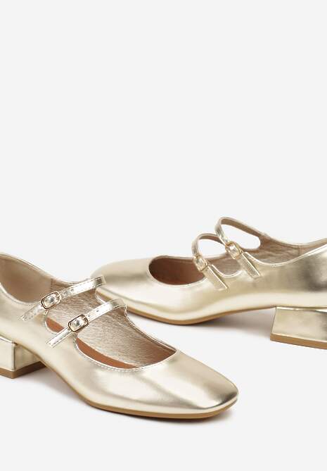 Złote Lakierowane Czółenka na Niskim Słupku ze Sprzączkami Nevsha