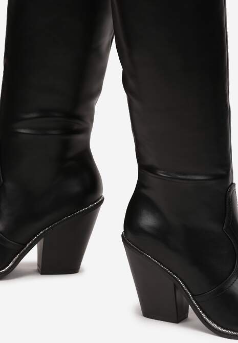 Czarne Kozaki Kowbojki do Kolana na Stożku z Drobnymi Cyrkoniami Nimai