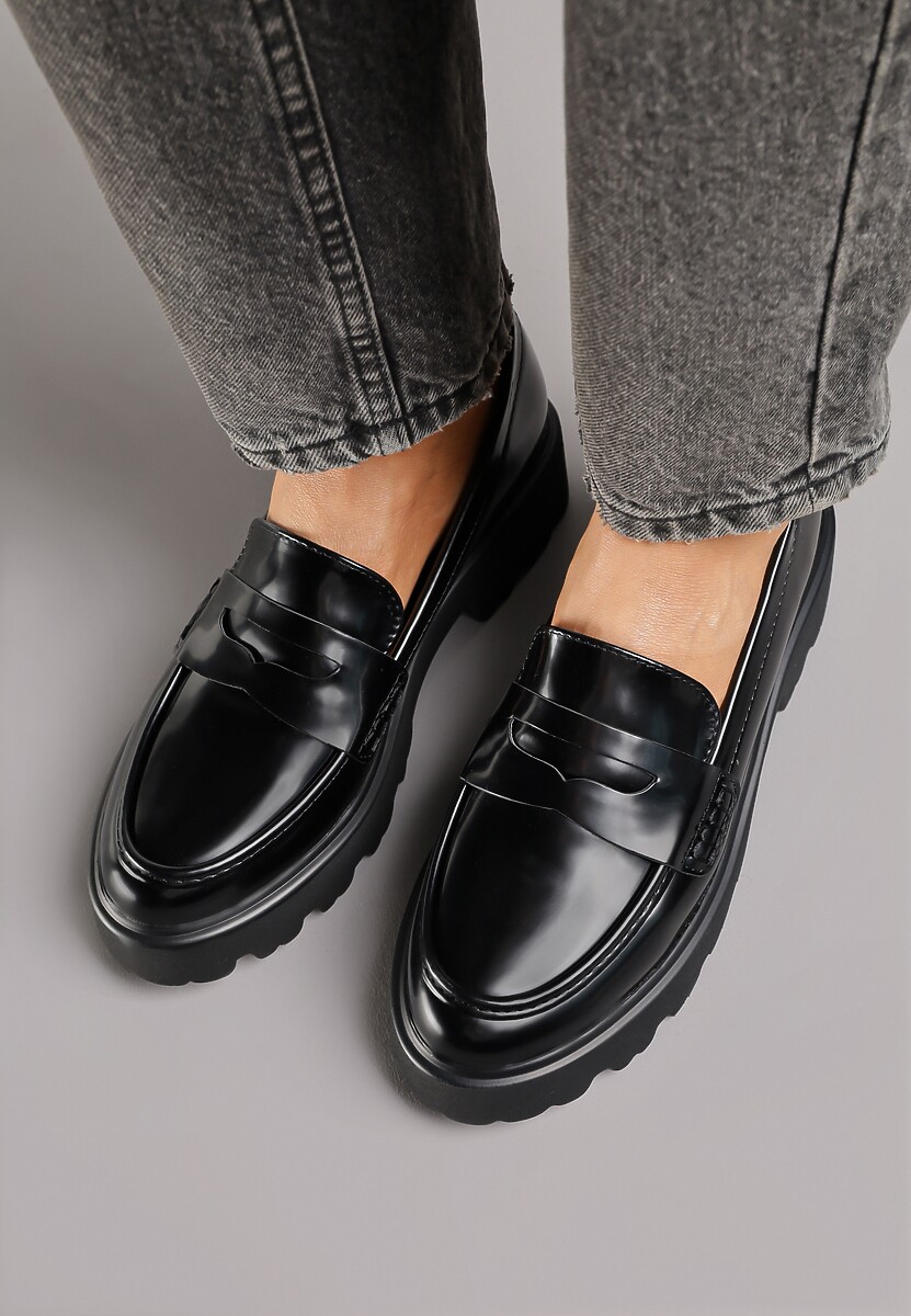 Czarne Mokasyny z Imitacji Skóry na Grubej Podeszwie Inran