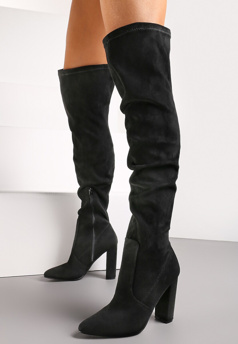 Czarne Dopasowane Kozaki za Kolano na Słupku Bellami