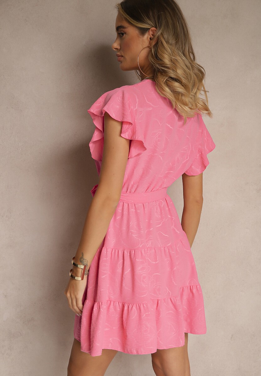 Fuksjowa Rozkloszowana Sukienka z Paskiem i Falbanami Lilarea